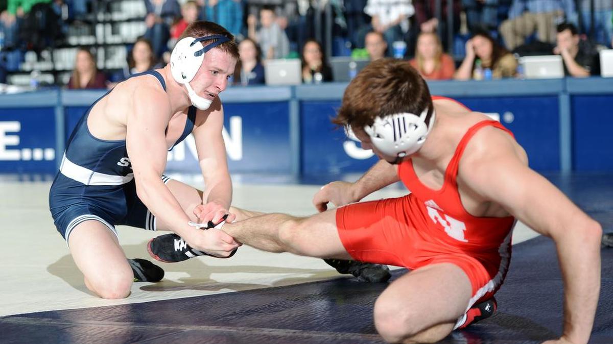 Penn State’s Jason Nolf, left, claimed the top spot at 157 pounds for the NCAA tournament next week in St. Louis, Mo., March 16-18.
