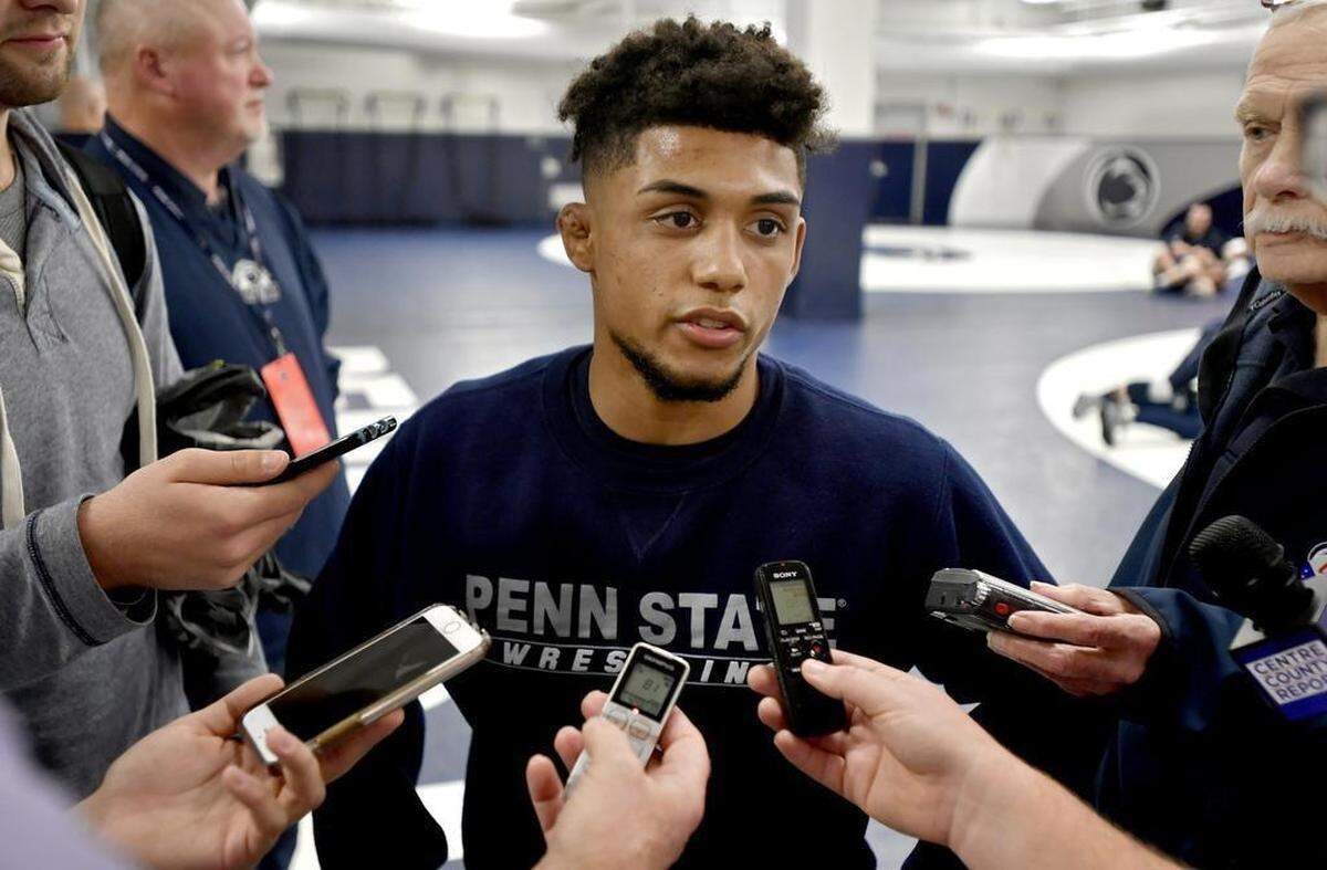 Roman Bravo-Young answers questions during Penn State wrestling media day on Tuesday, Nov. 6, 2018.