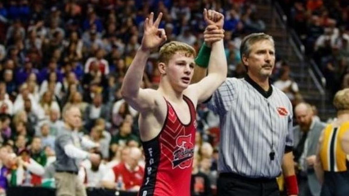 Brody Teske celebrates his third straight Iowa state championship last season. Teske has already signed his National Letter of Intent to join Penn State after he graduates from Fort Dodge High School.