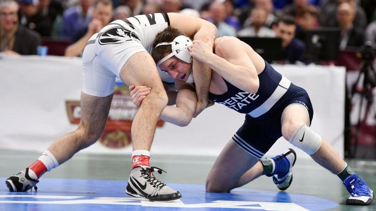 Penn State’s Nick Lee takes a shot on Missouri’s Jaydin Eierman in their 141-pound consolation semifinal of the NCAA Division I Wrestling Championships Saturday, March, 17, 2018 at the Quicken Loans Arena in Cleveland, Ohio. Lee lost to Eierman 12-4 but rebounded to finish fifth.