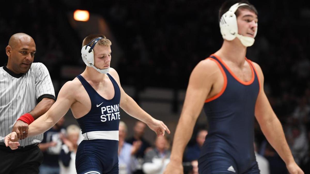 Penn State’s Jason Nolf, seen here last week, finished with a pin over his opponent Friday night. The Nittany Lions beat the Bearcats 40-2.