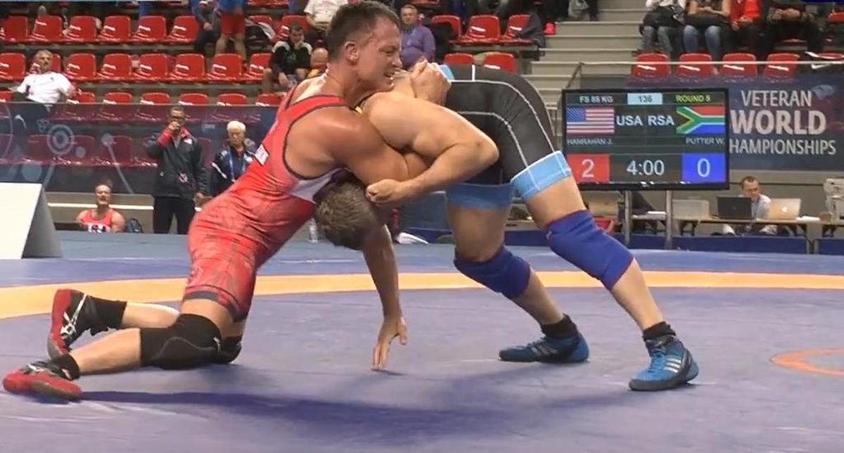 Former Penn State wrestling John Hanrahan works a head snap on South Africa’s Willem Jacobus Putter in the finals of the 85-kilogram weight class of the Freestyle Veteran’s Category E World Championships in Poland in 2016.