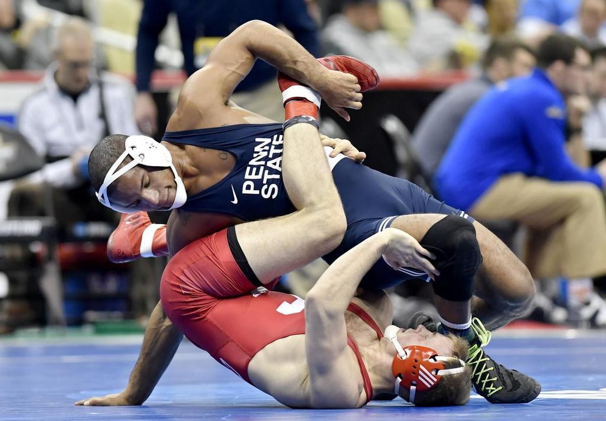 Penn State’s Mark Hall controls Cornell’s Brandon Womack in the 174 lb bout during the sweet sixteen round of the NCAA Division 1 Wrestling championships on Thursday, March 21, 2019 at PPG Paints Arena. Hall won by decision, 8-2.
