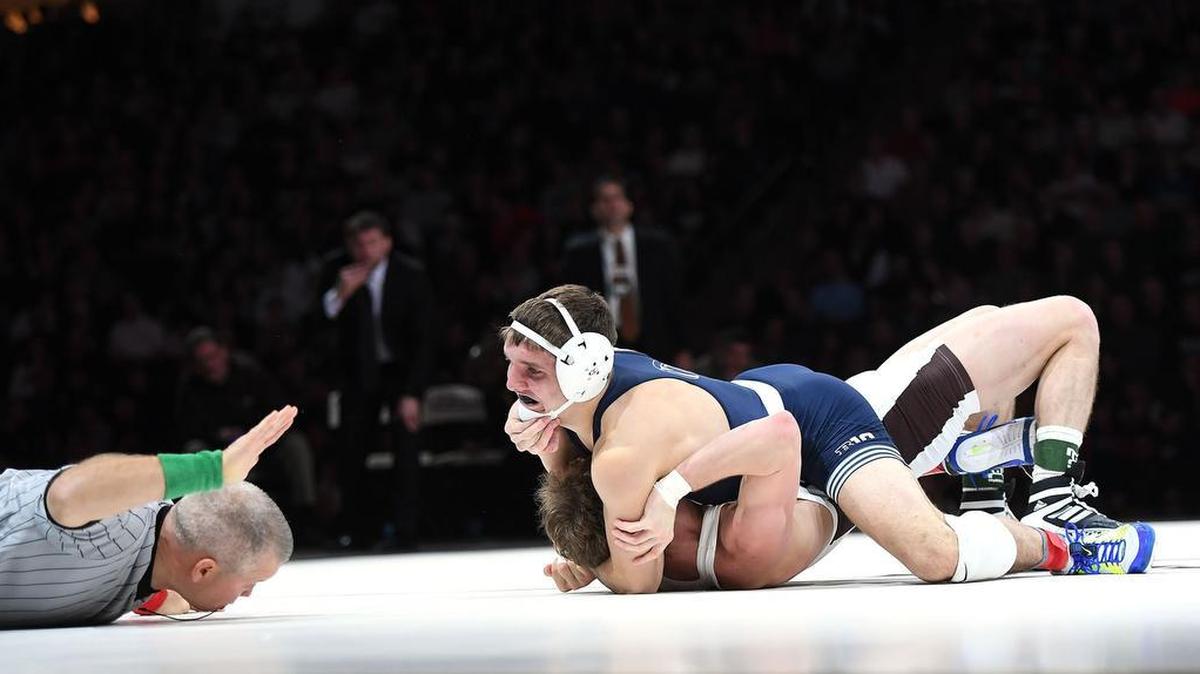 Penn State’s Zain Retherford pins Lehigh’s Cortlandt Schuyler at 149 pounds during the Dec. 3 match at Lehigh in Allentown. Penn State defeated Lehigh 23-19.