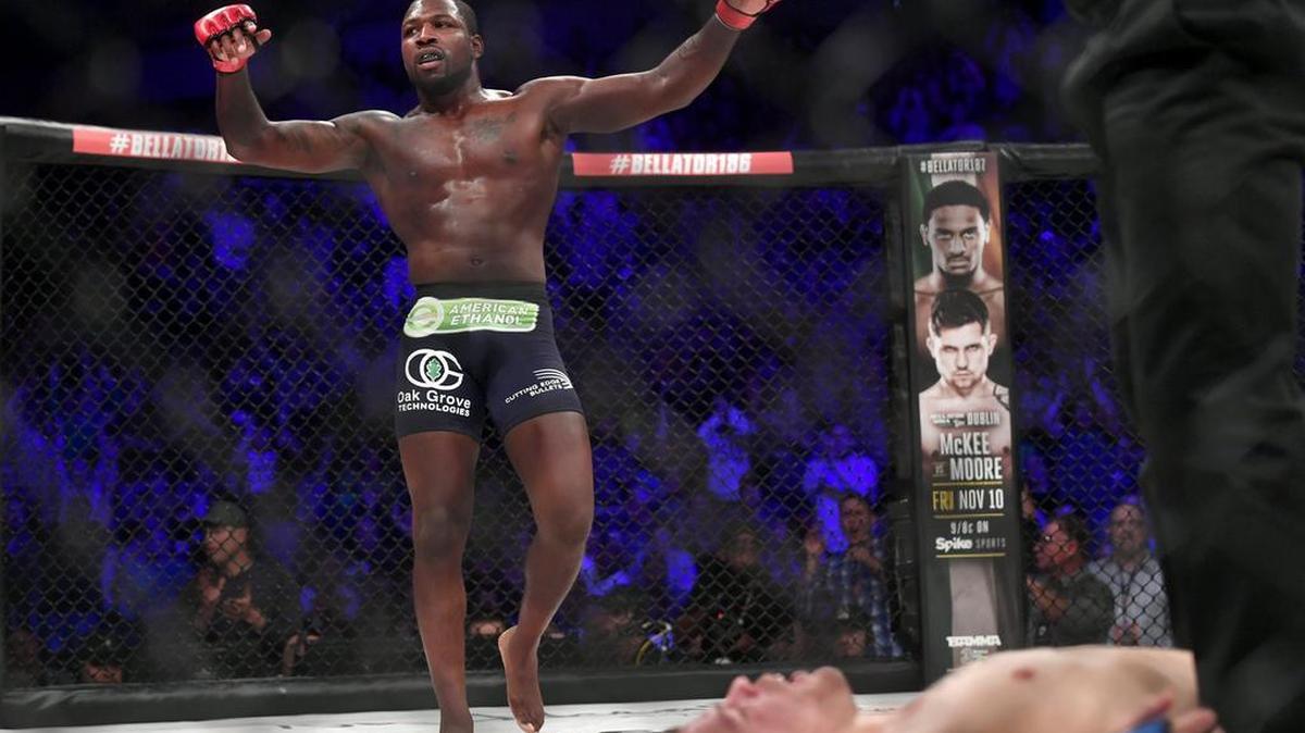 Above: Former Penn State wrestler Ed Ruth knocks out Chris Dempsey at the Bellator 186 fight at the Bryce Jordan Center on Friday, November 3, 2017.