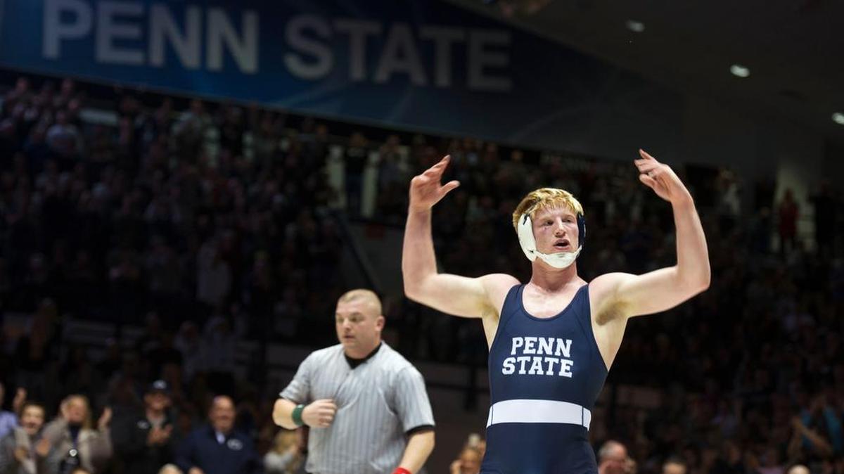 Penn State’s Bo Nickal celebrates after pinning Rutgers’ Nicholas Gravina in their 184-pound bout during the Nittany Lions’ 37-6 victory on Friday, Jan 13, 2017 at Rec Hall.