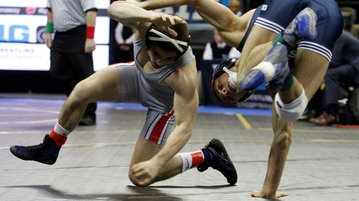 Penn State’s Nico Megaludis, right, and Ohio State’s Nathan Tomasello could face off for the 125-pound NCAA title on Saturday night. The NCAA Tournament gets underway Thursday at Madison Square Garden in New York City.