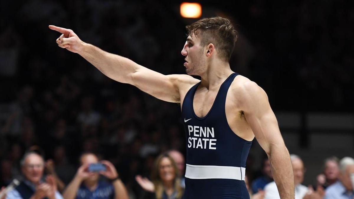 Penn State’s Anthony Cassar reacts after beating Ohio State’s Kolin Moore in the 197 pound Saturday at Rec Hall.
