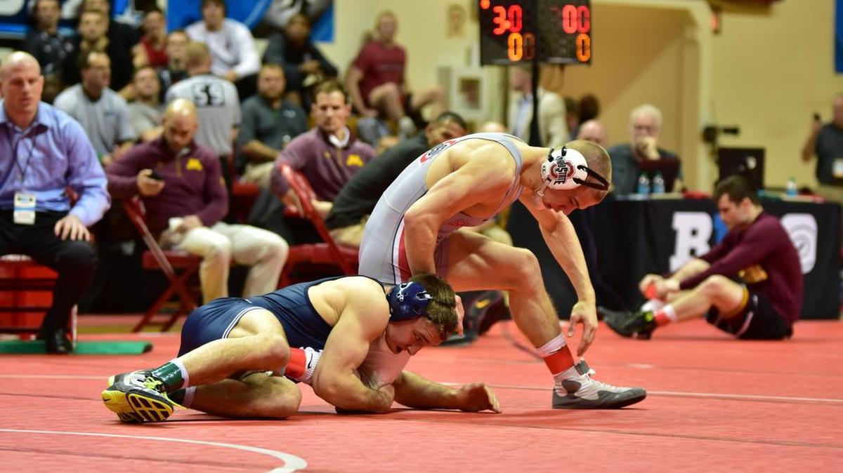 Penn State’s Zain Retherford looks to finish off a takedown on Ohio State’s Micah Jordan in the 149-pound championship of the Big Ten Tournament. Retherford technical falled Jordan 16-1 in 7:00 to defend his Big Ten crown.