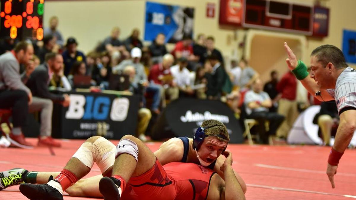 Penn State’s Zain Retherford pins Maryland’s Alfred Bannister in their 149-pound semifinal match of the Big Ten Tournament on Saturday. Retherford’s fall came in 6:01.