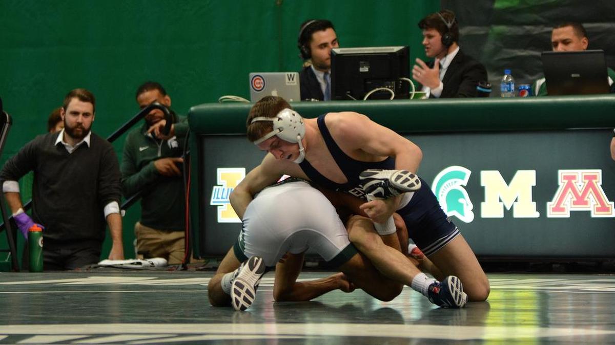 Penn State’s Nick Lee controls Michigan State’s Javier Gasca in their 141-pound bout during the Nittany Lions’ 48-3 win on Sunday afternoon. Lee earned a 16-1 technical fall of the No. 20 Gasca in 5:09.