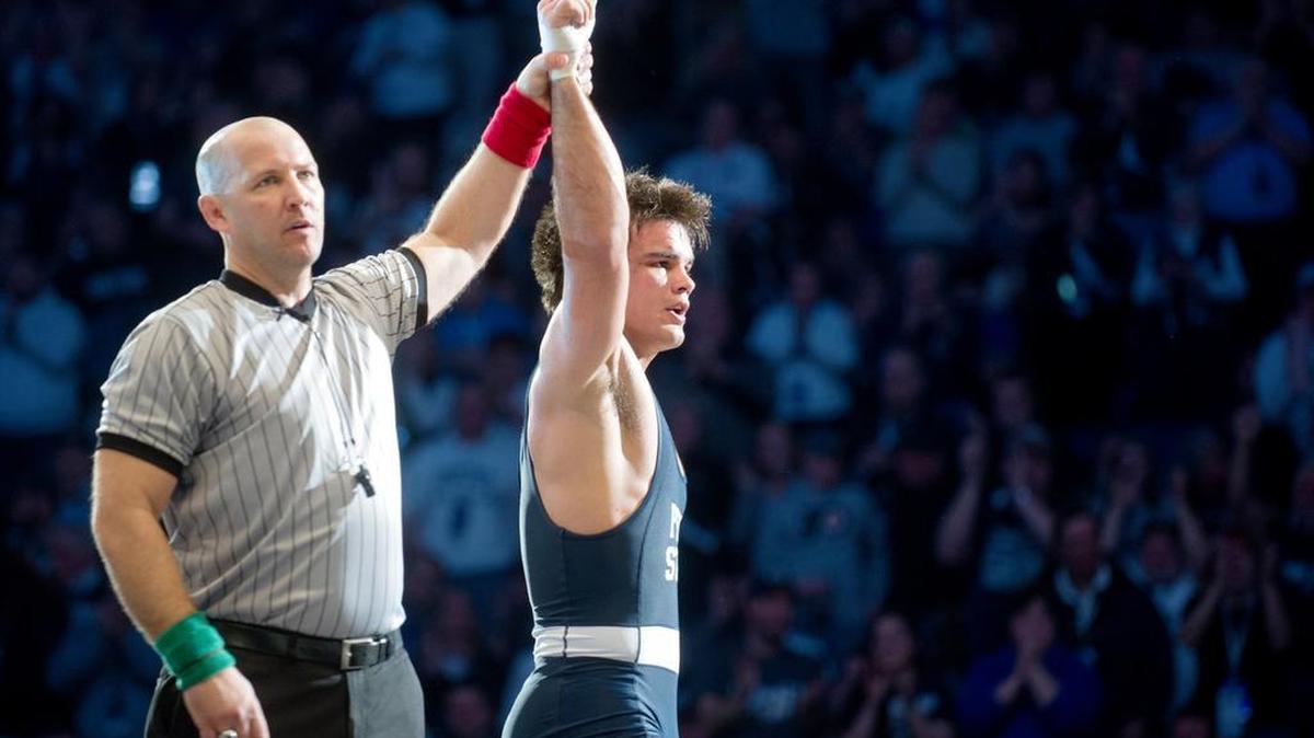 Penn State's Morgan McIntosh celebrates his 7-1 win over Iowa's Nathan Burak in the 197-pound bout during the Sunday, February 8, 2015, match at the Bryce Jordan Center.