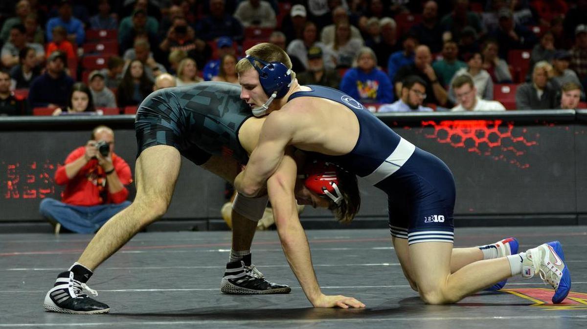 Penn State’s Jason Nolf controls Maryland’s Kyle Cochran in their 157-pound bout during the Nittany Lions’ 47-3 win on Sunday afternoon. Nolf pinned Cochran in 1:44.