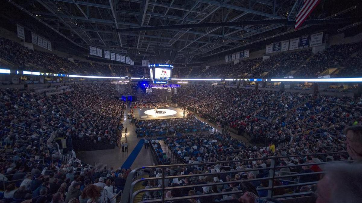 A sold-out Bryce Jordan Center watches Penn State's Zain Retherford wrestle Ohio State's Sal Marandino in the 149-pound bout during the Friday, February 5, 2016 match. Retherford won by fall to help Penn State to a 24-14 win.