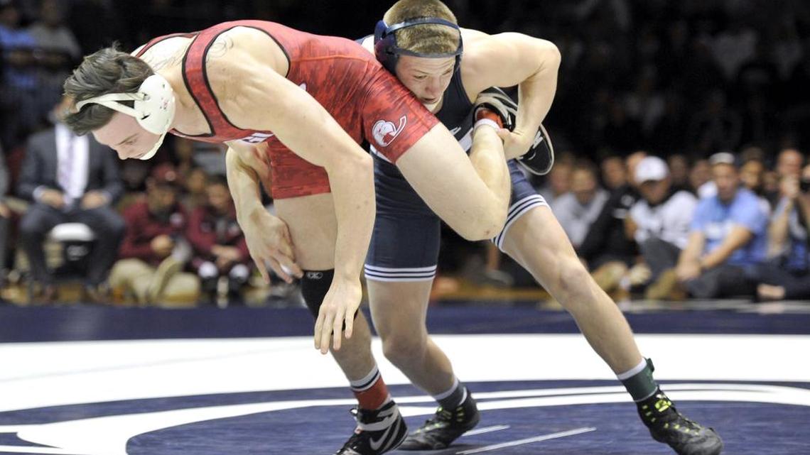 Penn State’s Jason Nolf, right, will have his toughest match of the season on Saturday when he squares off with Illinois’ Isaiah Martinez.