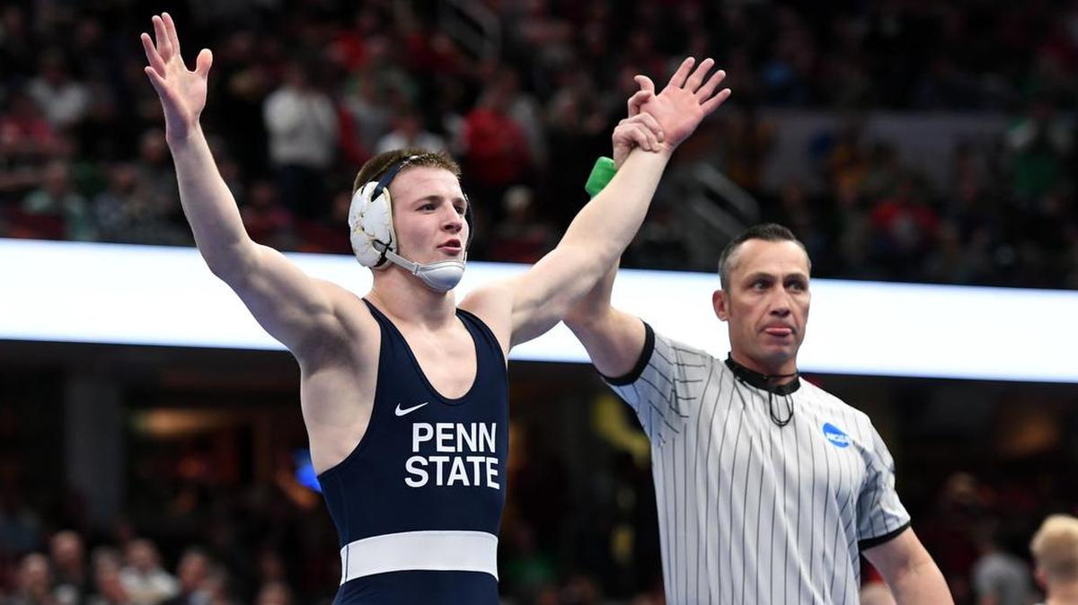 Penn State’s Jason Nolf reacts to his win over NCST’s Hayden Hidley in the 157 finals during the NCAA Division I Wrestling Championships Saturday, March, 17, 2018 at the Quicken Loans Arena in Cleveland, Ohio.