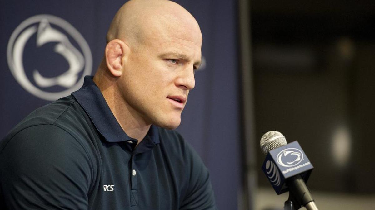 Penn State wrestling coach Cael Sanderson speaks to reporters on Nov. 11 in Rec Hall.