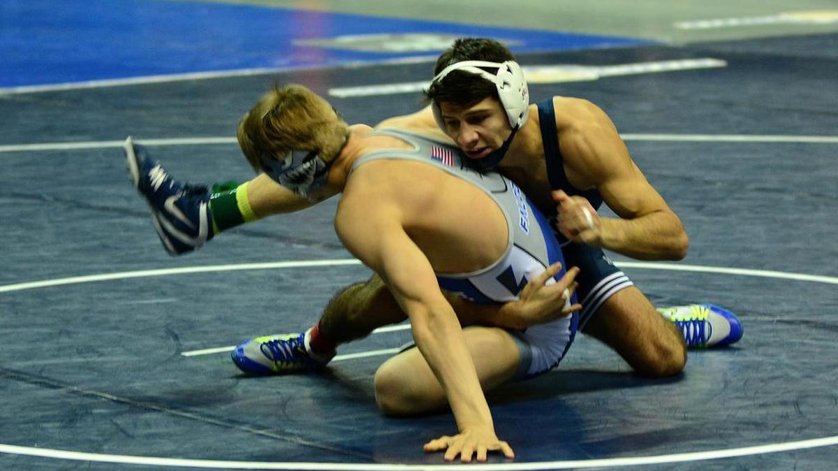 Penn State’s Jered Cortez controls Air Force’s Alec Opsal in their 141-pound second round match of the Southern Scuffle on Monday. Cortez topped Opsal 8-6 but had his tournament cut short in the next round after getting injured.