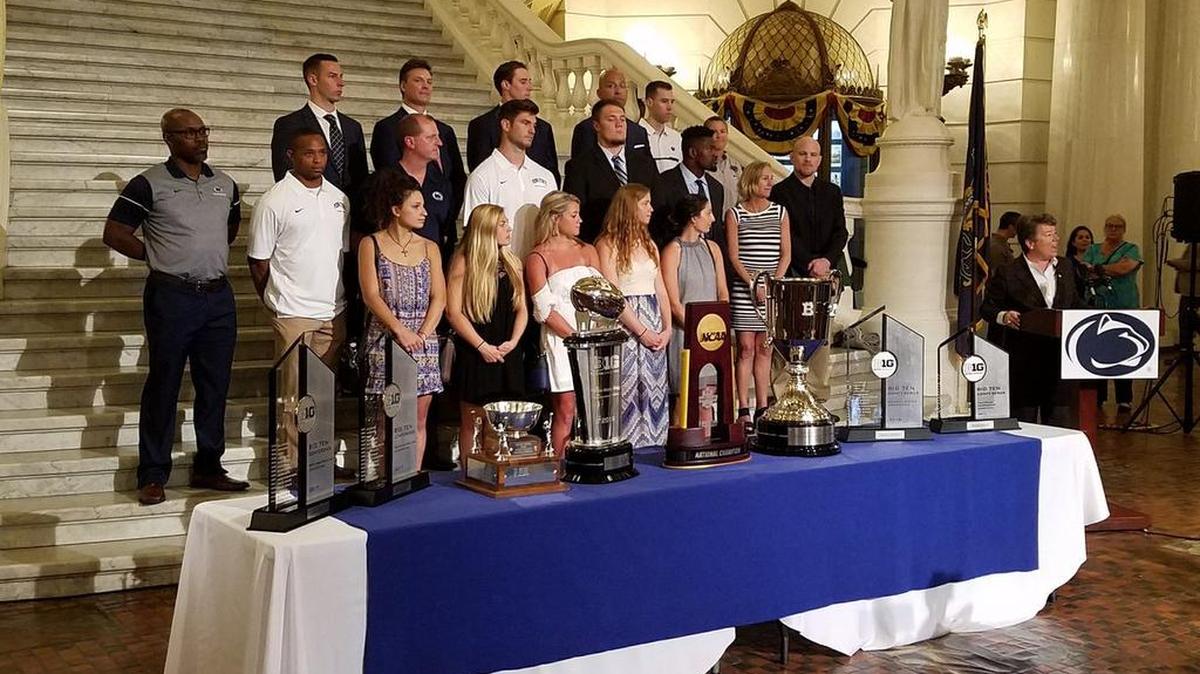 The conference-title winning Penn State programs — football, wrestling, men’s hockey, women’s soccer, field hockey, men’s volleyball and men’s and women’s indoor track & field — were recognized on the floor of the Pennsylvania State Senate in Harrisburg on Monday.