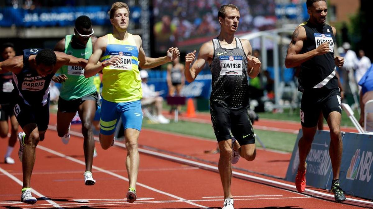 Penn State’s Isaiah Harris, left, and Casimir Loxsom, second from left, cross the finish line in the men’s 800-meter run at the U.S. Olympic Track and Field Trials on Saturday in Eugene Ore. Both Nittany Lions qualified for Monday’s finals.