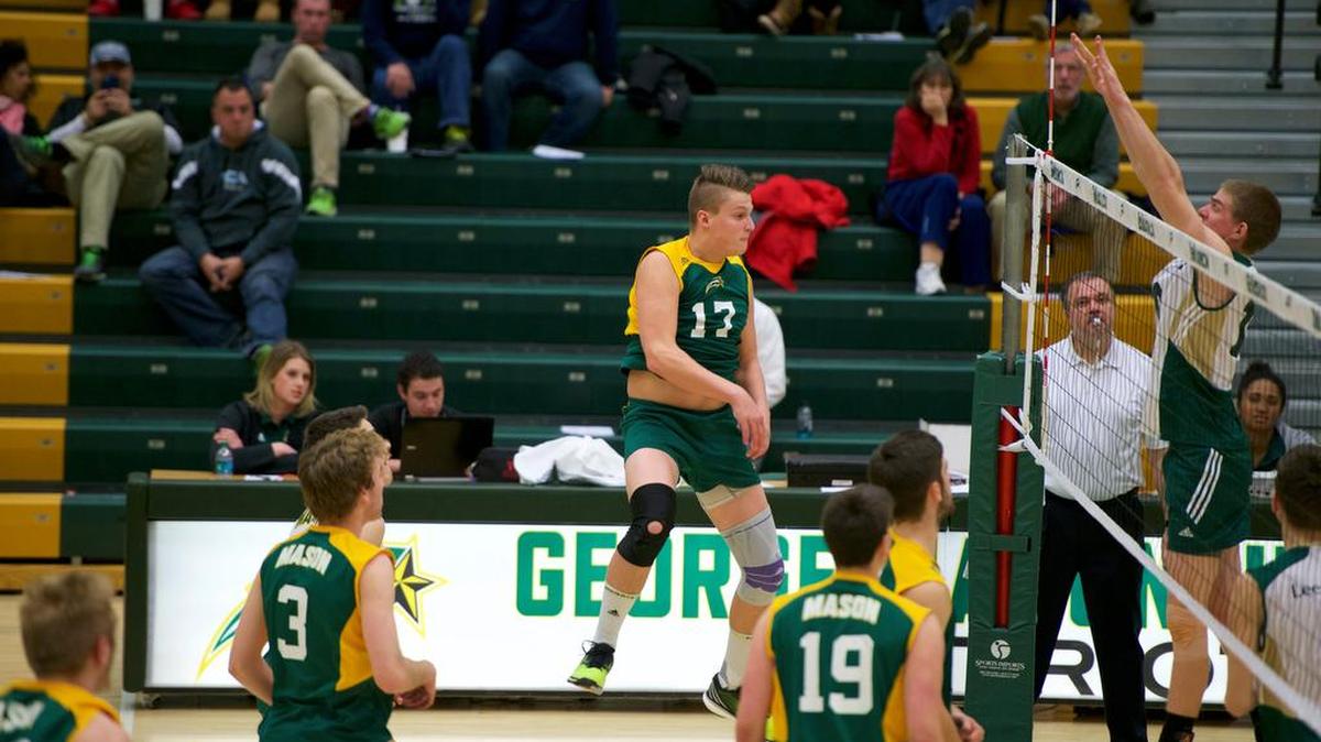 George Mason freshman and State College product Aaron Cymbor (17) picked up his only kill of the season against Lees-McRae. The Patriots play in a NCAA play-in match Tuesday night at Rec Hall.