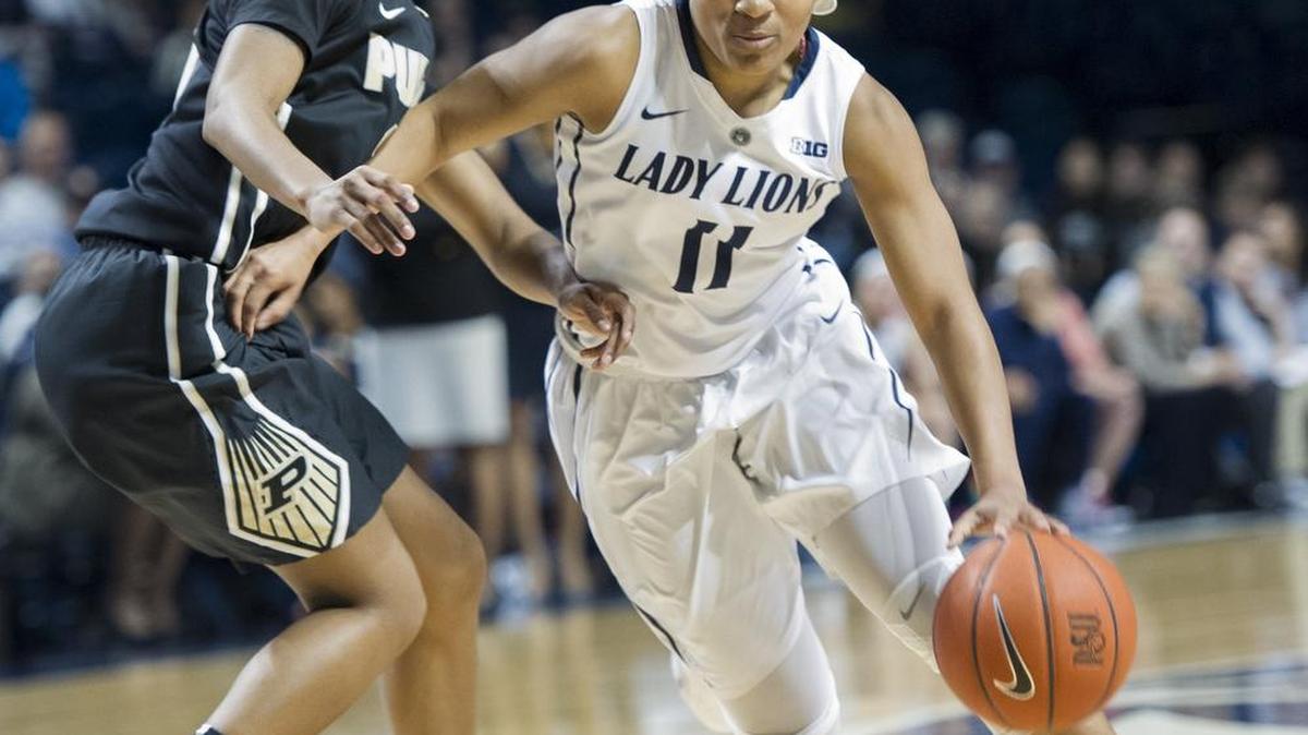 Penn State guard Teniya Page (11) charges past Purdue’s April Wilson during the Lady Lions’ 88-78 double-overtime loss against the Boilermakers on Jan. 30. Penn State looks to break its losing streak against Rutgers at 2 p.m. Sunday at the Bryce Jordan Center.
