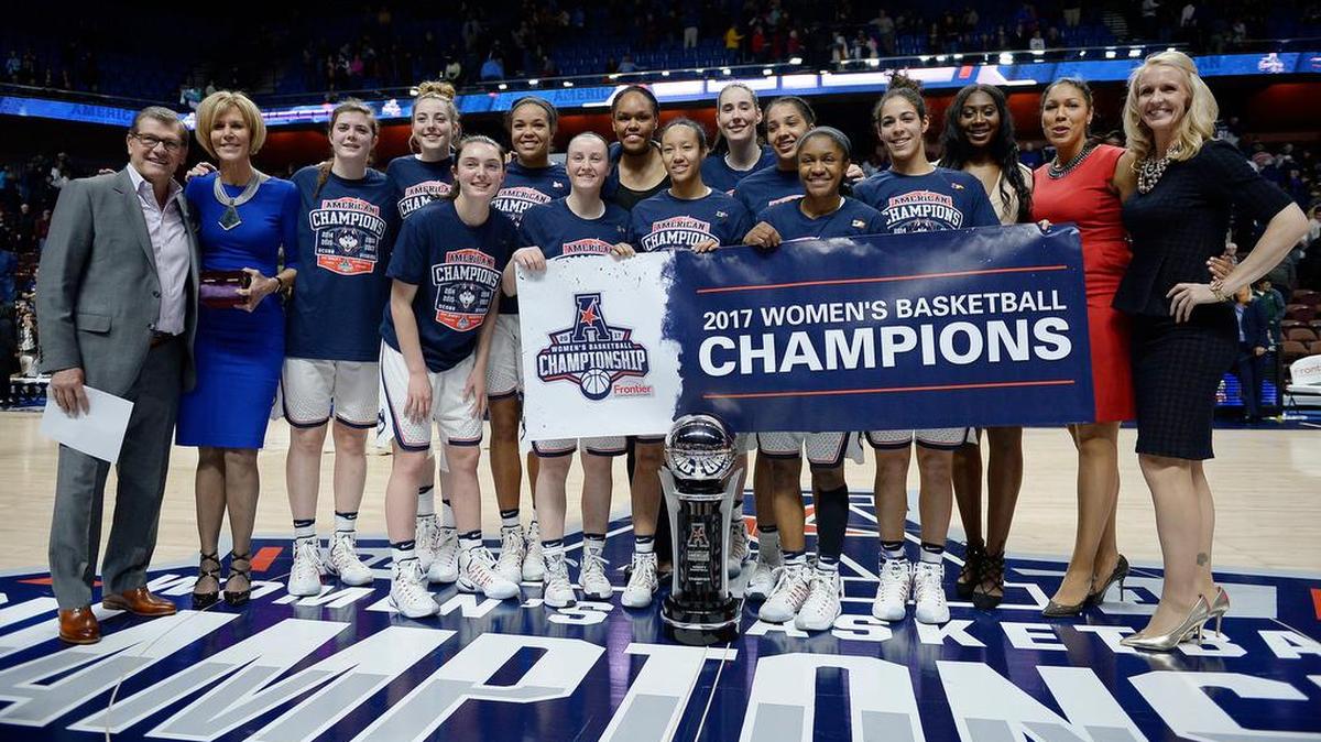 The Connecticut women’s basketball team defeated South Florida on Monday to win the American Athletic Conference championship and earn an automatic bid to the NCAA tournament. Kyla Irwin, third from left, will be the first State College grad since 2013 to be a part of a NCAA women’s basketball tournament team.