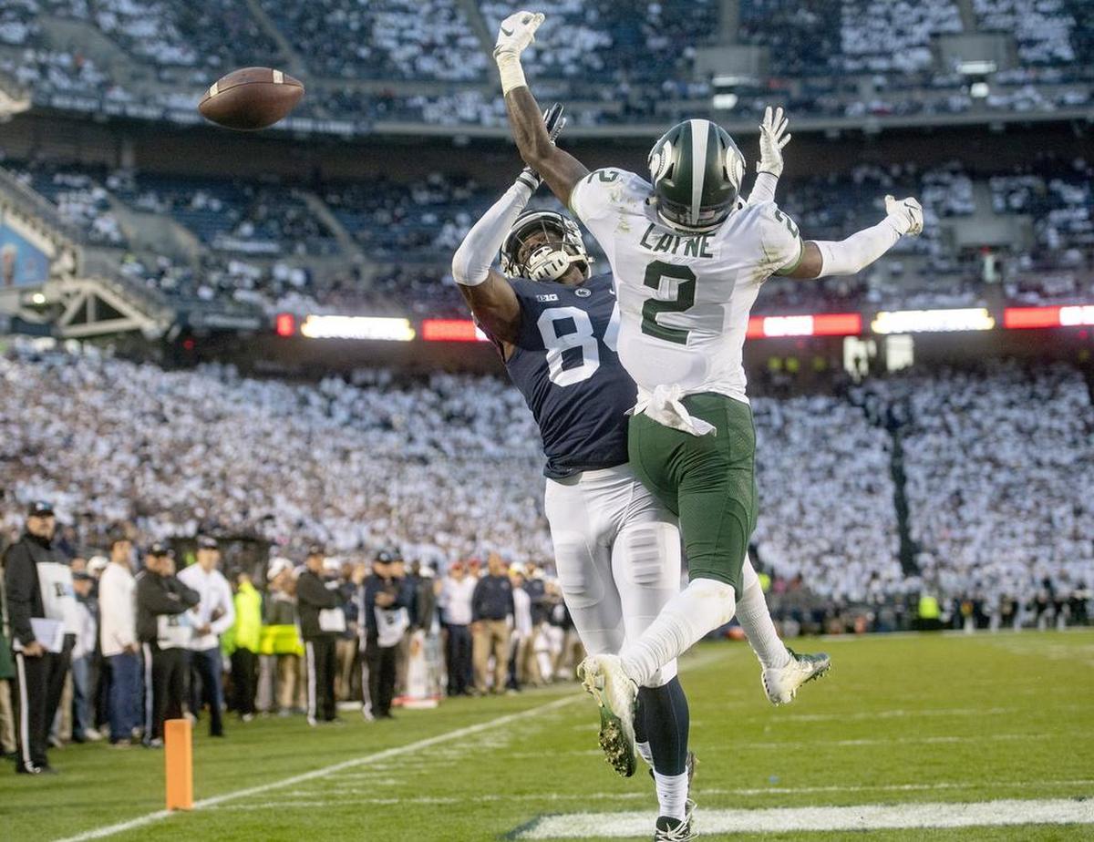 Michigan State cornerback Justin Layne stops Penn State wide receiver Juwan Johnson from making a catch in the endzone during the game on Saturday, Oct. 13, 2018.