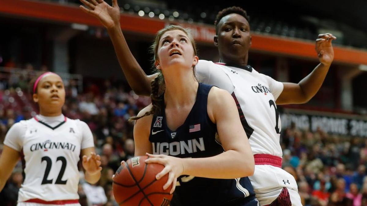 Connecticut’s Kyla Irwin (25) posted two points and a rebound in the No. 1 Huskies’ win over USF on Monday.