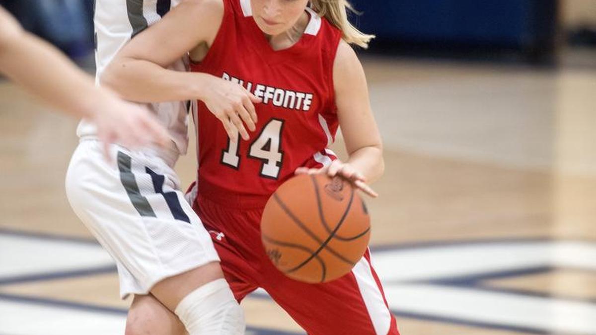 Bellefonte's Raisa Gregor dribbles around Philipsburg-Osceola's Halle Herrington during the Friday, January 27, 2017 game.