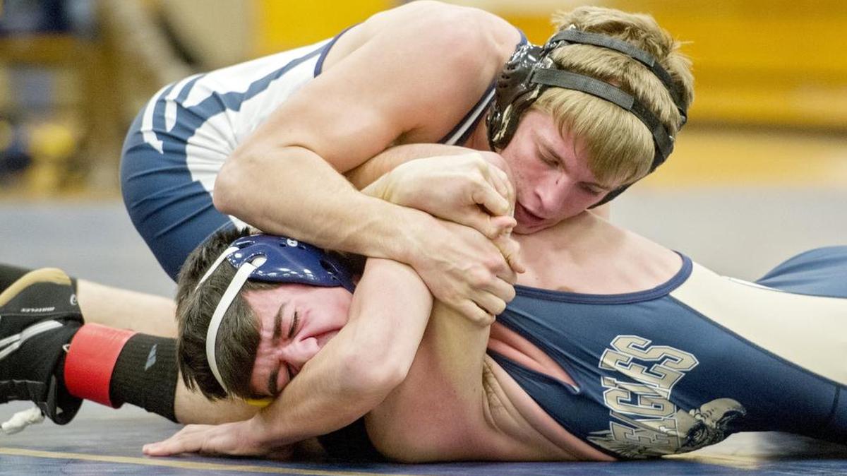 Philipsburg-Osceola’s Dakota Weitoish controls Bald Eagle Area’s Bailey Irvin in the 145 pound bout during the wrestling match on Tuesday, January 19, 2016. Weitoish won by fall.