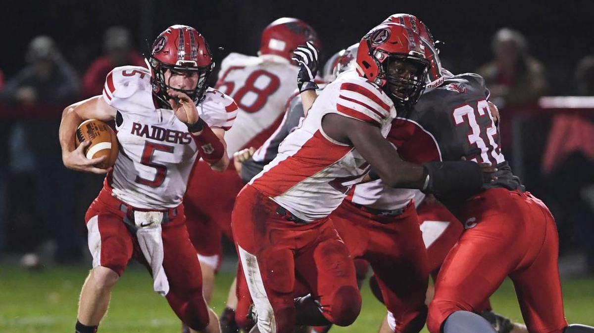 Bellefonte quarterback Dylan Deitrich (5) and the rest of the Red Raiders will face Selinsgrove QB Logan Leiby at 1 p.m. Saturday at Altoona’s Mansion Park in the first round of the PIAA Class 4A playoffs.