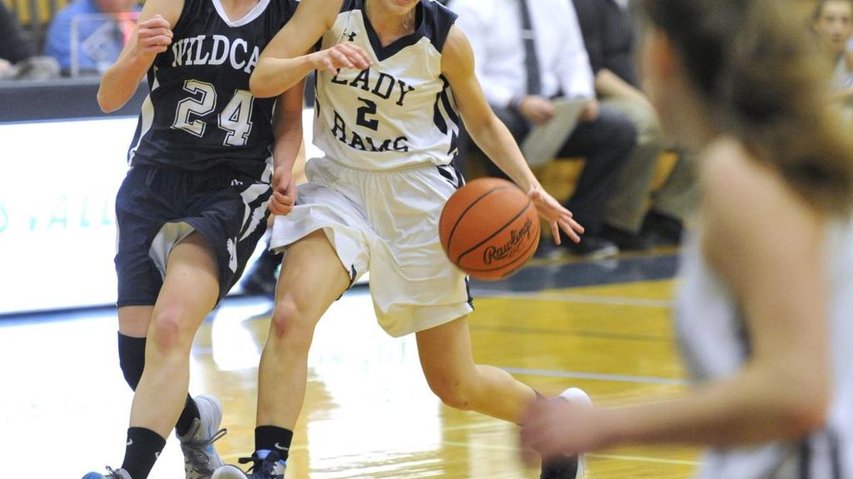 Penns Valley’s Karli Ripka (2) dribbles around Mifflinburg’s Reagan Griffith during the Lady Rams’ 52-50 loss on Monday.
