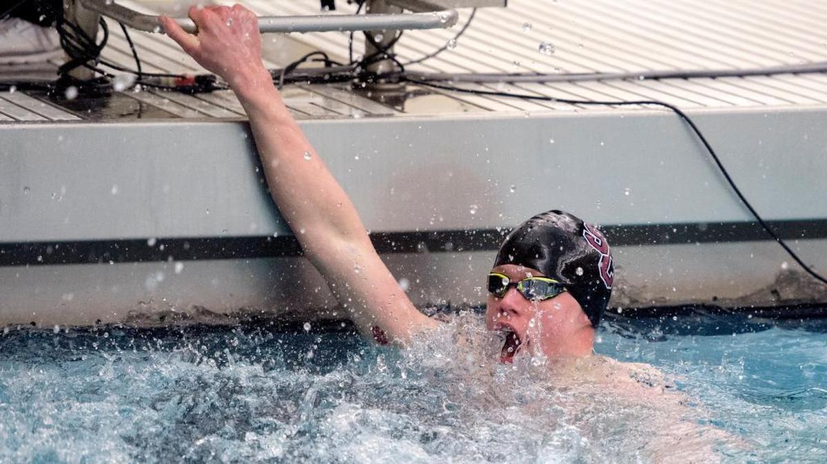 State College's Matt Brownstead celebrates his third-place time in the 50 yard freestyle at the PIAA State swimming championships at Bucknell in March. With the graduation of two of the Little Lions’ top swimmers, Brownstead will be counted on even more this season.