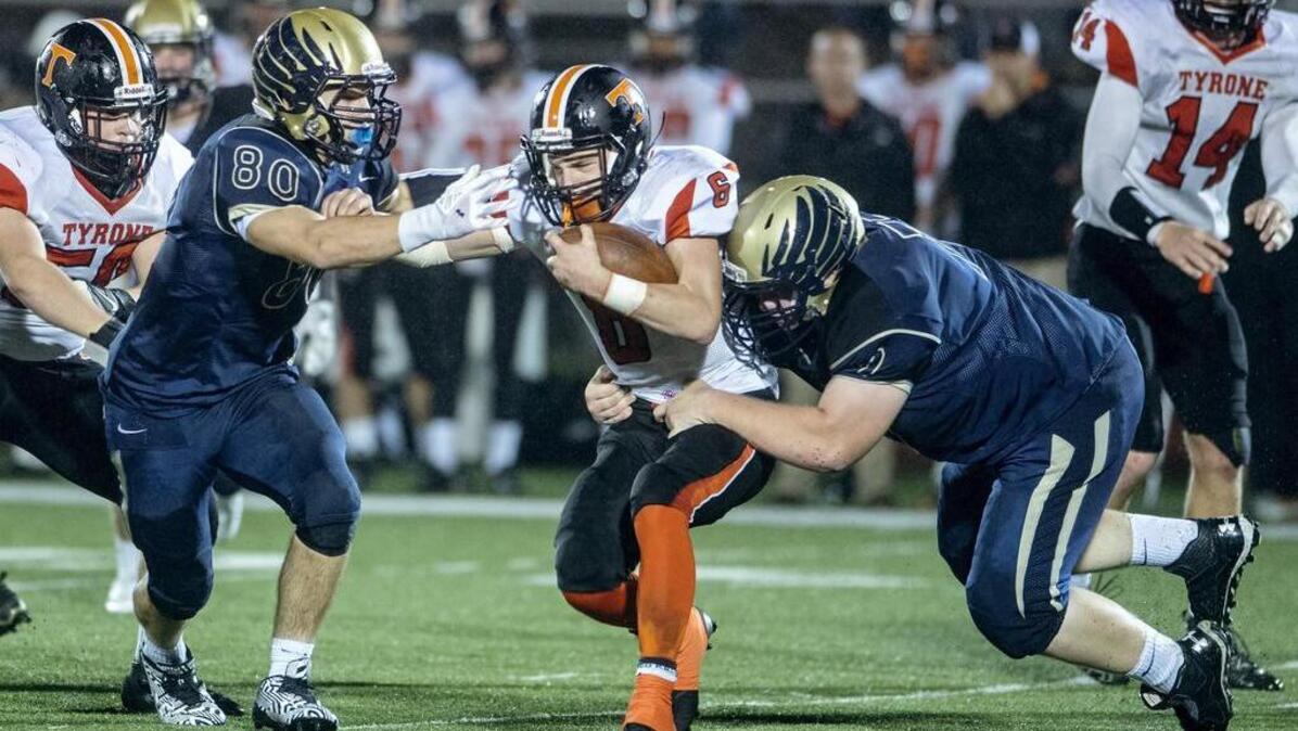 Bald Eagle Area’s Rilee Bechdel (80) is now a two-time all-state selection. He finished the 2017 season with 13 tackles for loss.
