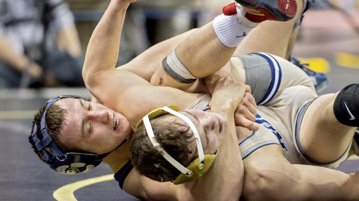 Bald Eagle Area's Seth Koleno controls Council Rock South's Cary Palmer in a 138 pound bout in the first round of the class AAA PIAA State Wrestling Championships at the Hershey Giant Center on Thursday, March 9, 2017. Koleno won by decision, 9-3.