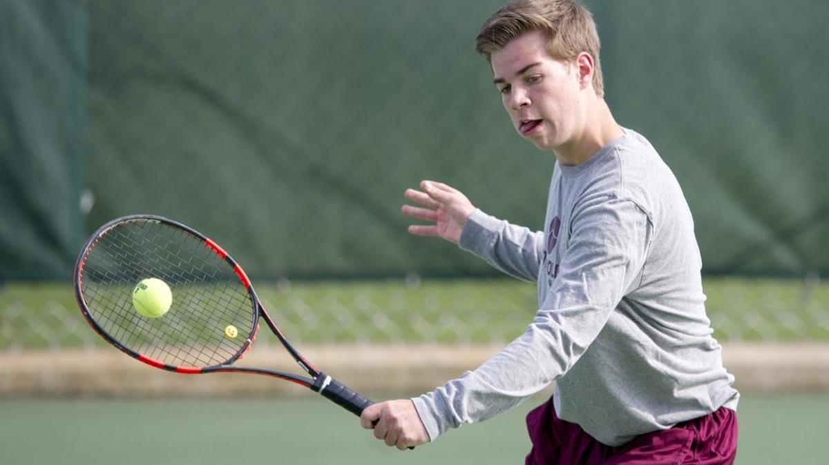 State College’s Nick Vanden hits the ball during the match against Central Dauphin on Wednesday, April 6, 2016.