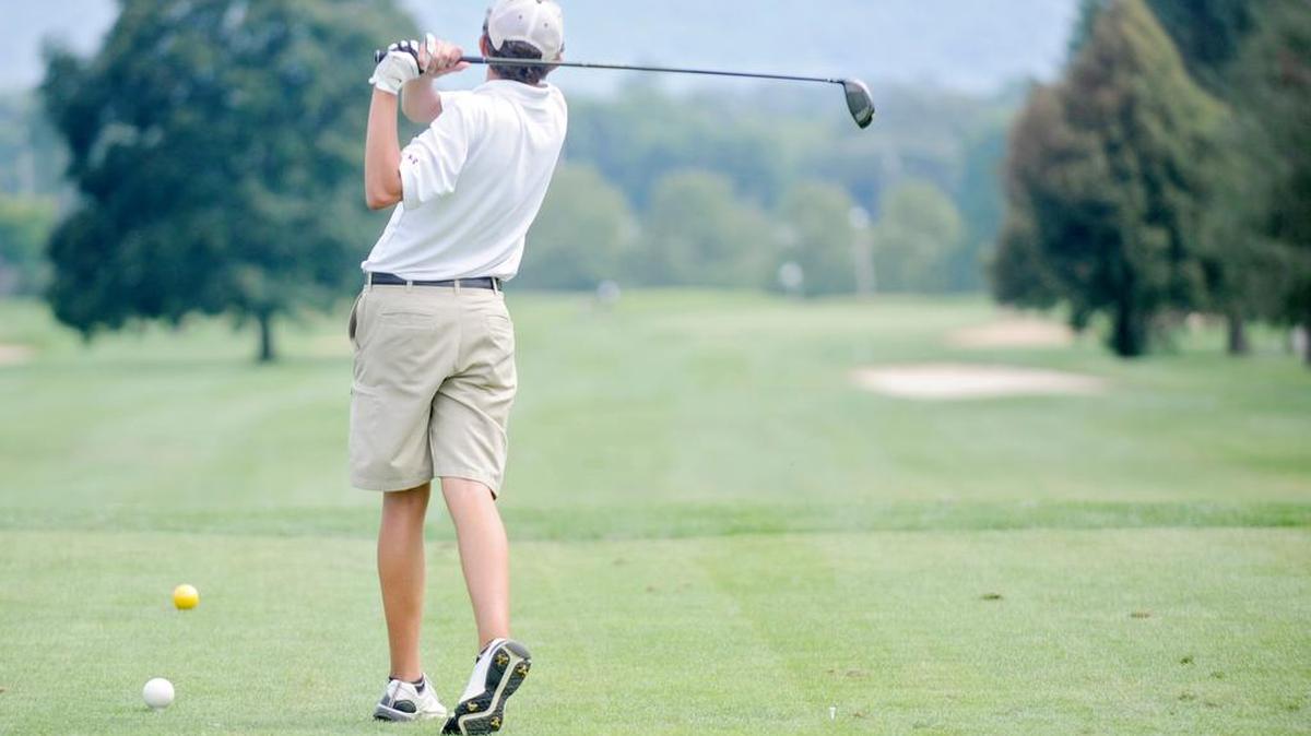State College junior Ryan Battista follows through on a drive during the 2017 Happy Valley Invitational at the Penn State Blue Course. Battista carded an 87 on the day, as his State College “A” team finished fifth out of 16 boys’ teams.