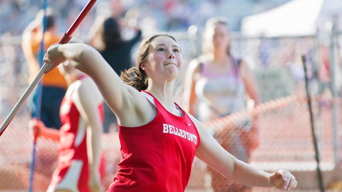 Bellefonte's Jessica Book competes in the javelin during the District 6 Class AAA track and field championships at Mansion Park on Thursday, May 14, 2015.