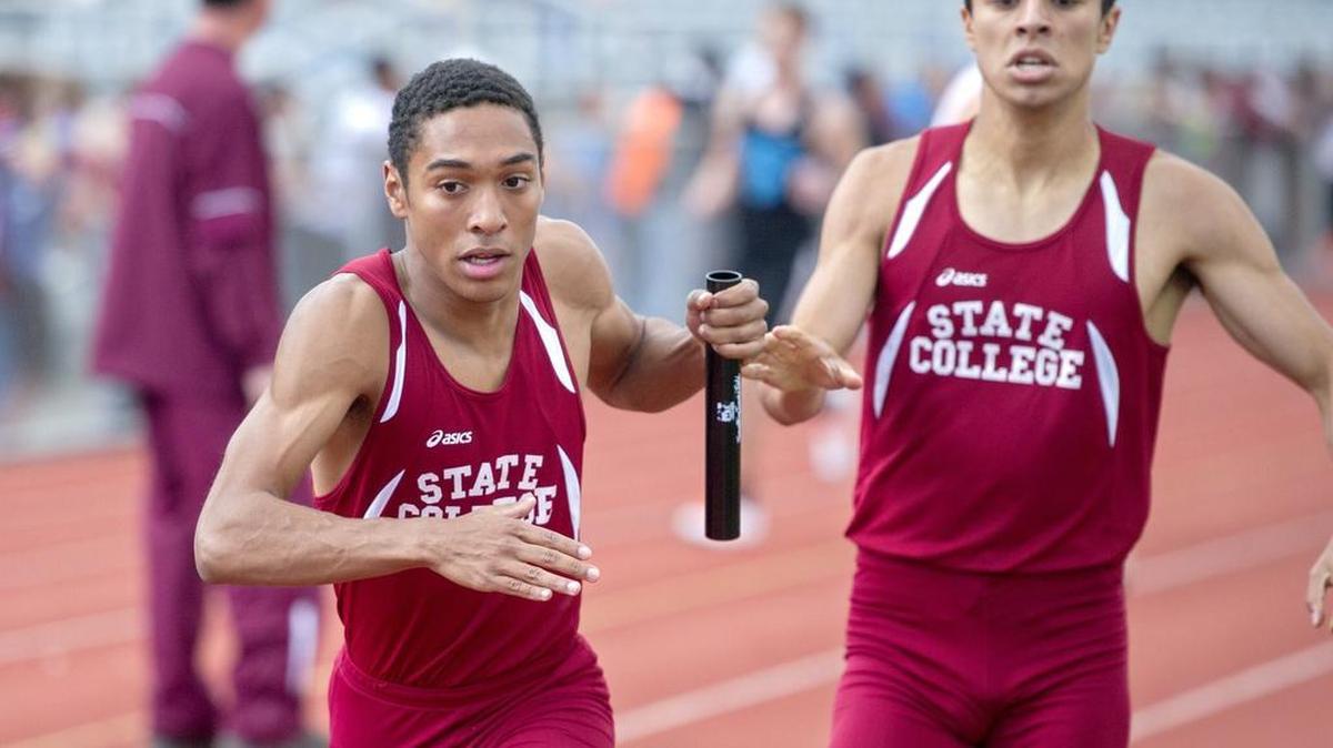 State College boys 4x800 meter relay competes during the District 6 AAA Track and Field Championships on Thursday.