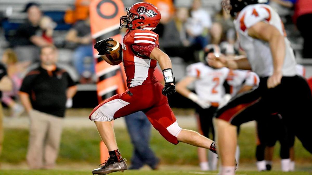 Bellefonte’s C.J. Funk makes an interception and runs it back for a touchdown during last Friday’s game against Tyrone. Funk said he knows he’ll have to be on top of his game this Friday when the Red Raiders take on Clearfield, the defending Mountain League champion. Clearfield’s QB has thrown for 15 touchdowns so far this season.