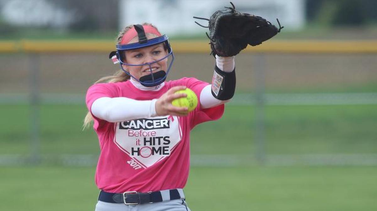 Penns Valley’s Emma Kubalak gets set to release a pitch in the Lady Rams’ 7-2 win over East Juniata in their annual Pink Out game on Saturday afternoon.
