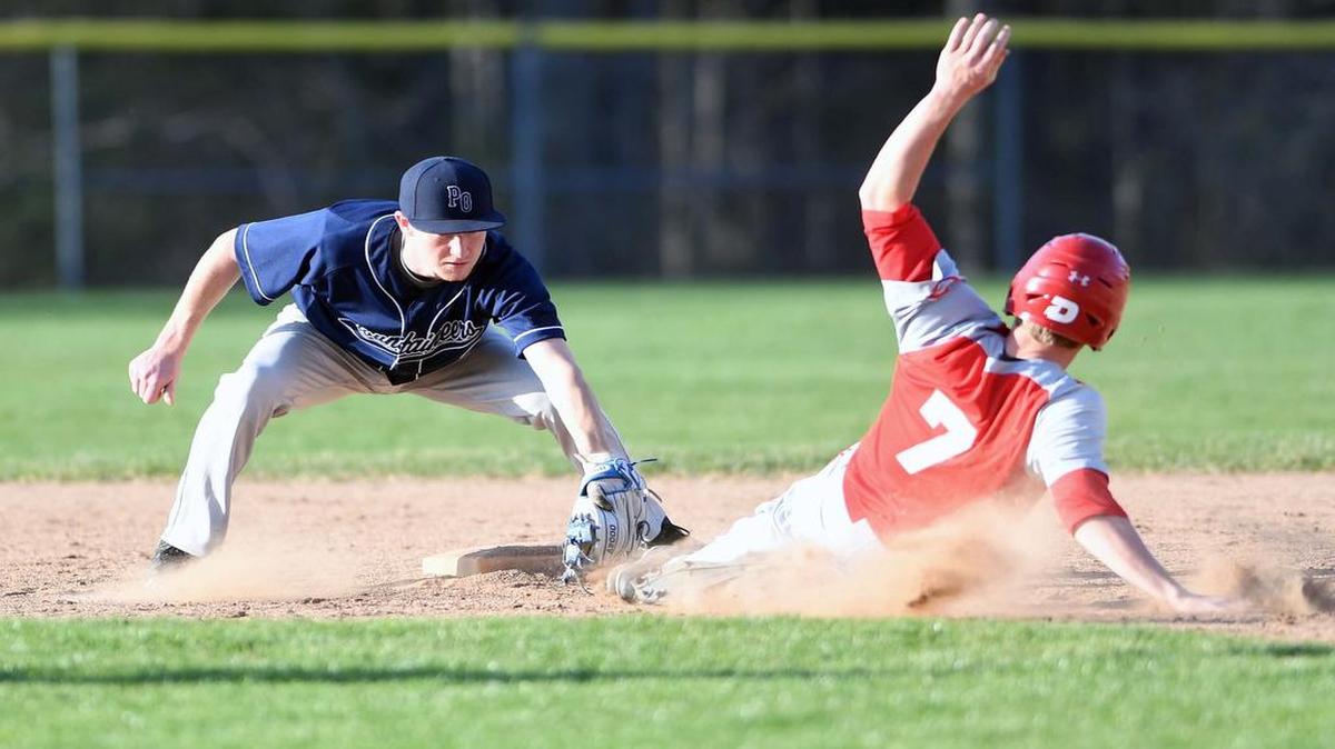 Philipsburg-Osceola second baseman Josh Earnest tags out Central’s Chase Smith at Philipsburg-Osceola Area High School on Monday.