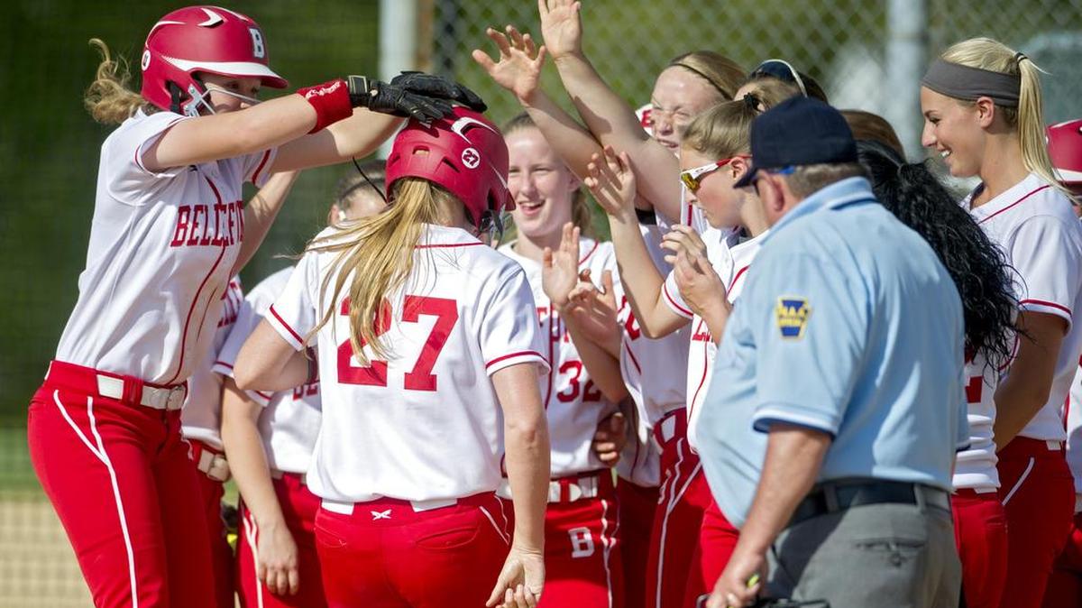 Bellefonte’s Tara Baney is congratulated by her teammates after hitting her second home run during the District 6 Class AAA semifinal game against Huntingdon on Wednesday. Bellefonte won 8-0 and will play in the championship game at Beard Field on June 1.