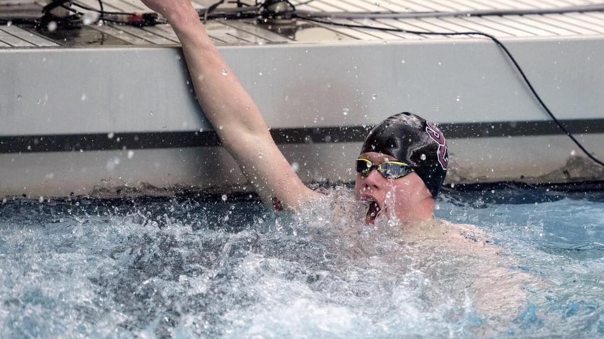 State College’s Matt Brownstead celebrates his time in the 50 yard freestyle at the PIAA State swimming championships at Bucknell on Saturday. Brownstead took third with a time of 20.59.