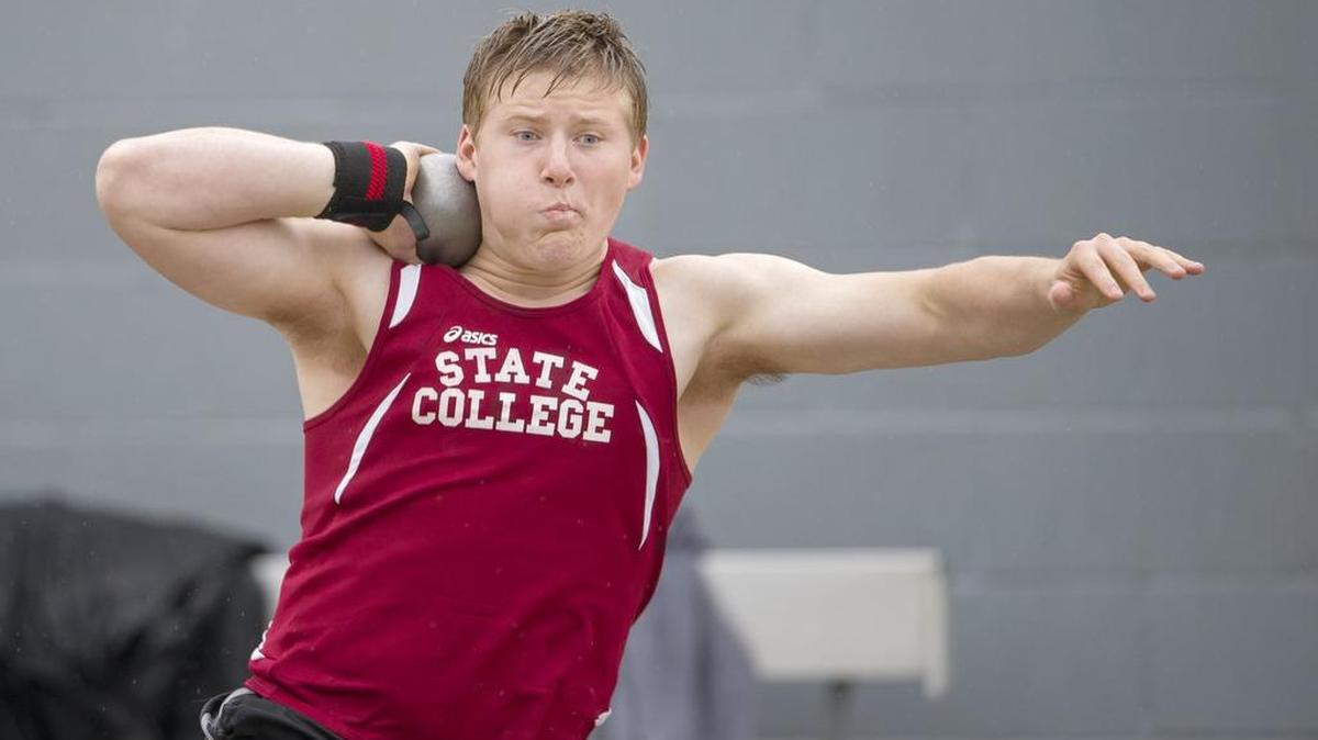 State College’s Erik Ebel competes in the shot put during the 67th Annual West Central Coaches Invitational at Mansion Park in Altoona on Friday.