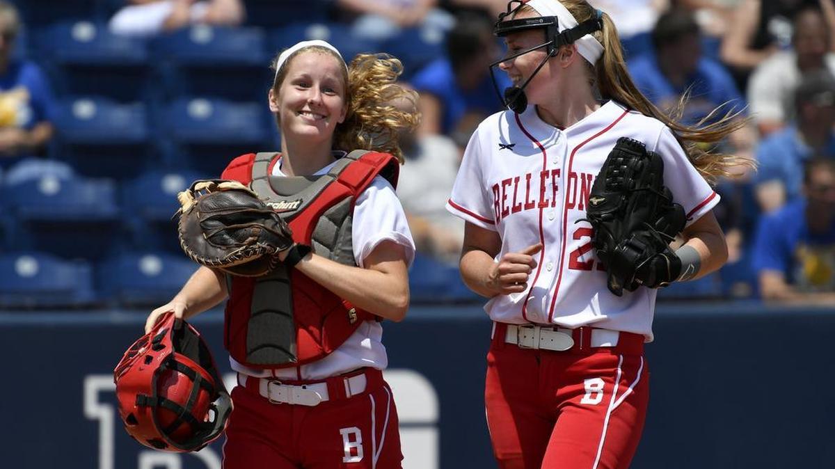 Bellefonte’s Jenna Ault, left, celebrates with Tara Baney after making a diving catch for a foul ball in the District 6 Championship game on June 1. Baney, pitcher and lead-off hitter, is leading the Red Raiders as they take on Yough (19-3) on Thursday at Mount Aloysius College in the quarterfinals of PIAA Class AAA playoffs.