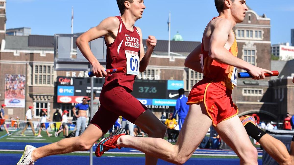 Owen Wing leads off the 3,200-meter relay for the State College boys’ track team. The Little Lions placed fourth in the event, the best finish in the 3,200 by a Pennsylvania school.