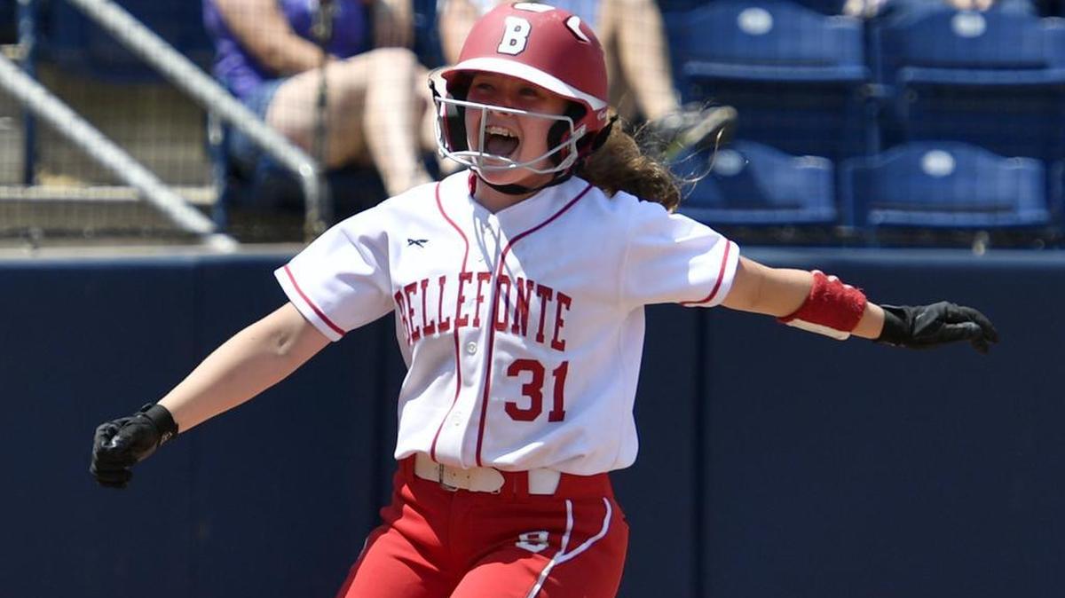 Bellefonte's Alexis Wetzler celebrates scoring the winning run. Bellefonte beat Bellwood-Antis in the District 6 softball championship game at Penn State June 1, 2016.