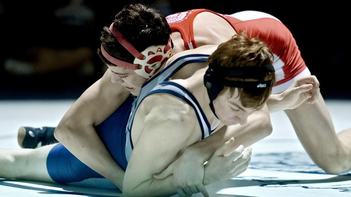 Bellefonte's Cole Stewart controls Penns Valley's Haden Stamm in the 126 lb bout during the Tuesday, January 9, 2018 match. Stewart won by fall.